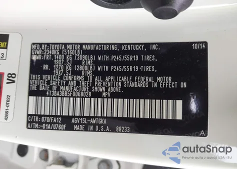 2015 Toyota Venza Le из США, поврежденный, VIN 4T3BA3BB5FU068028